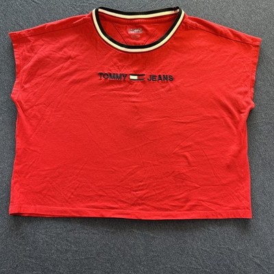 Tommy Jeans Top Womens Size Small Flag Cropped Logo Graphic T-Shirt Cotton Red