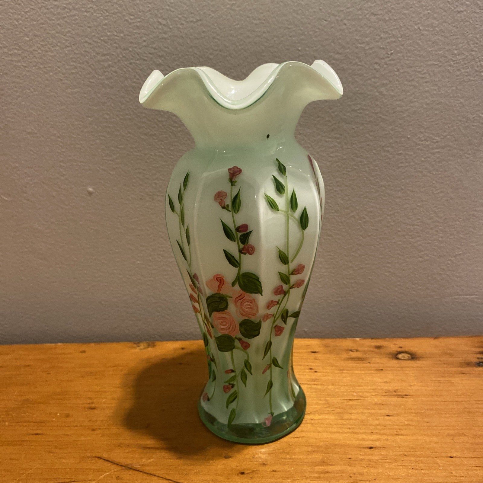 Unmarked Cased Milk Glass Green Floral Ruffle Top Hand Painted 8” Vase