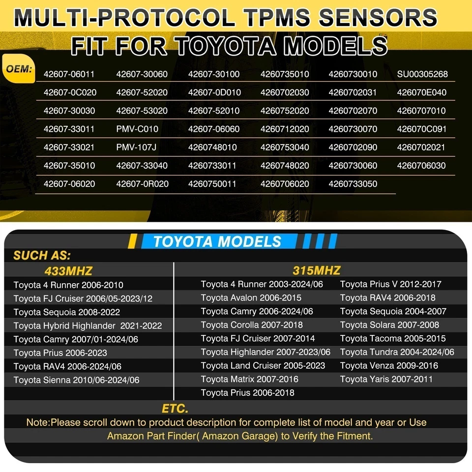 Juego de 4 sensores de presión de neumáticos TPMS de 315 MHz/433 MHz para Toyota Camry RAV4 Tacoma Foto 3 de 4