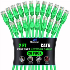 20-Pack 2 ft Green Cat 6 Ethernet Cable, UTP, 10Gbps, 550MHz, LAN, Patch