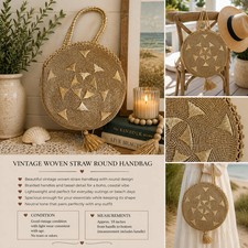 Vintage Woven Straw Round Handbag Large Boho Raffia Tote Coastal Beach Bag