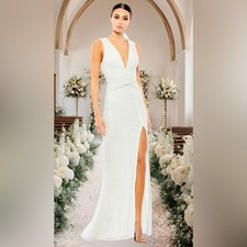 IEENA for Mac Duggal White V-Neck Sequin Wrap Waist Gown 26598 Size 0