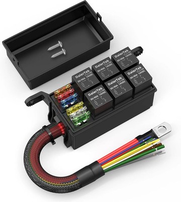DaierTek 12V Relay Box 6 Way12 AWG Pre-Wired Waterproof Relay Box 6 Slot ATC/ATO