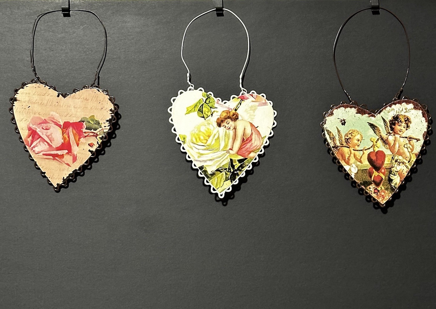 Set Of 3 Decorative Hearts Victorian Trading Co Angels Roses Hanging Hearts