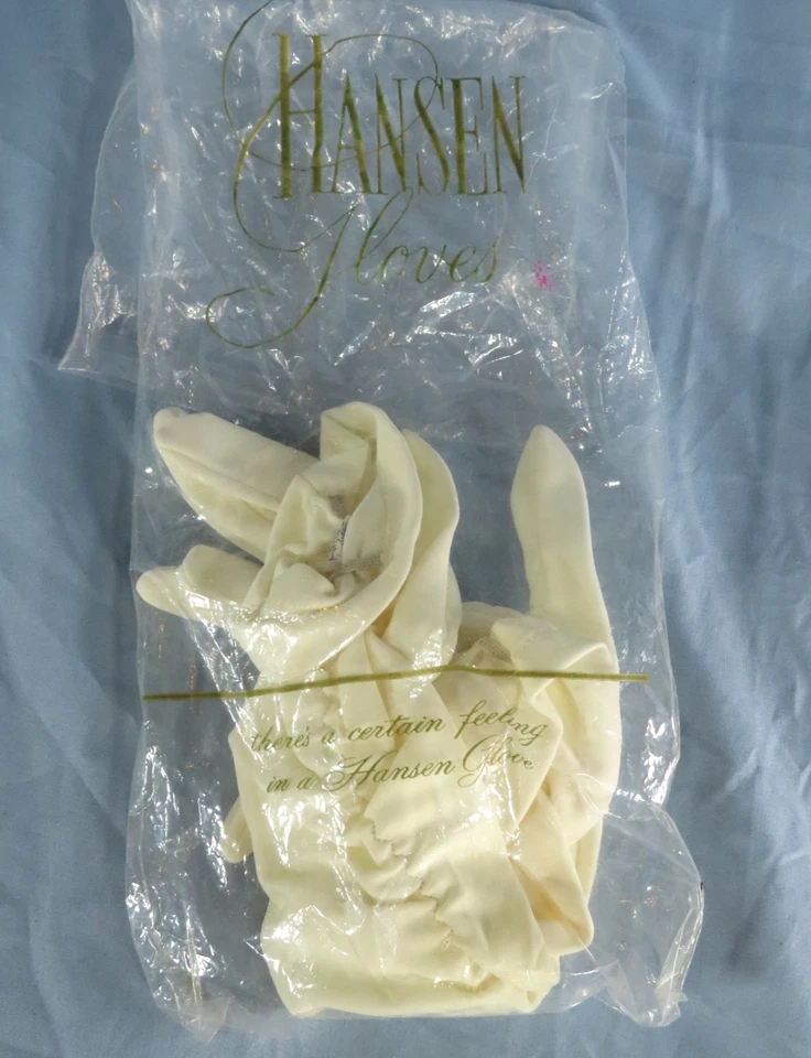 NEW Vintage HANSEN IVORY NYLON KNIT GLOVES Elbow Length SHIRRED/RUCHED ARMS - Image 2 of 4