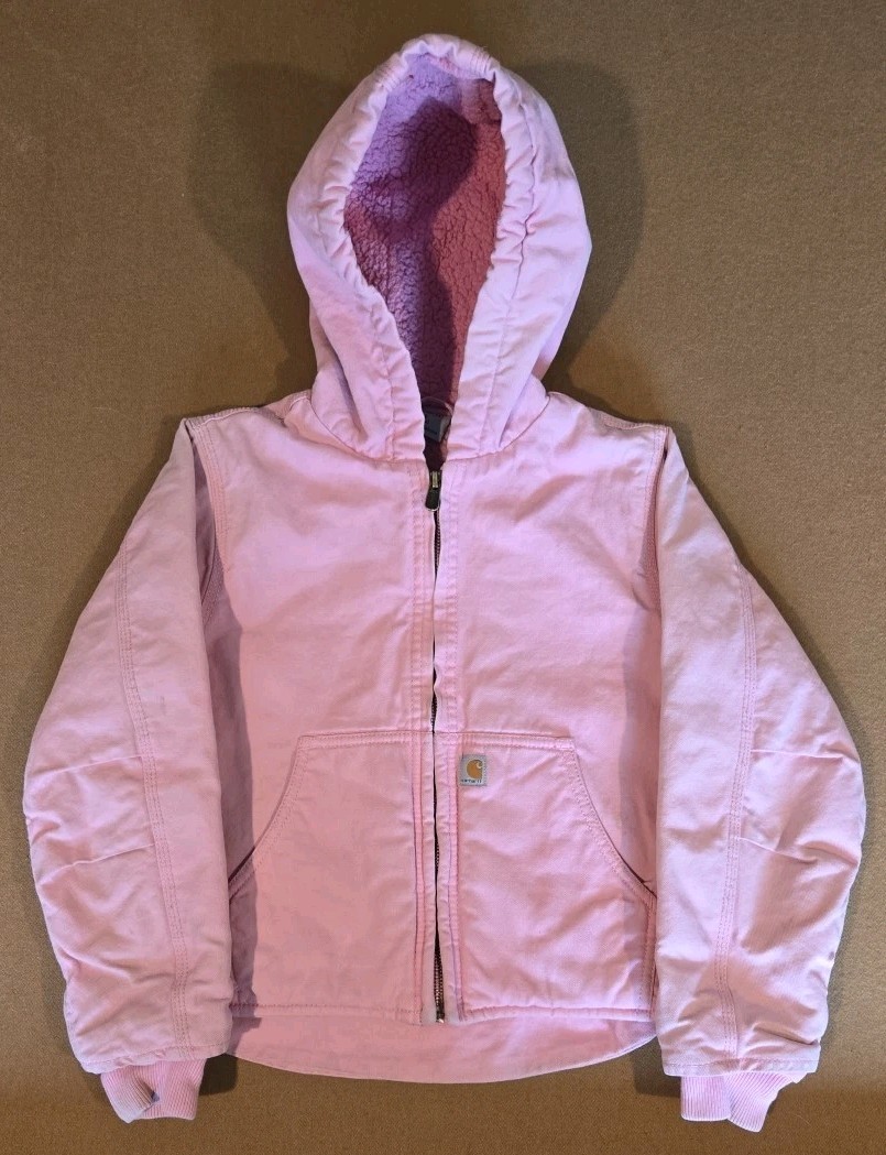 Carhartt Jacket Youth S (7-8) Pink Duck Canvas Pink Sherpa Lined Carhartt Jacket Youth S (7-8) Pink Duck Canvas Pink Sherpa Lined