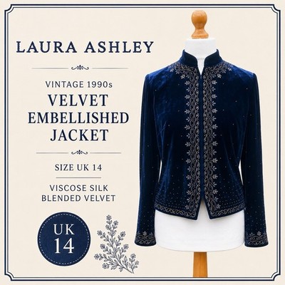 Vintage Laura Ashley Seide Samt bestickt Abend Jacke MIDNIGHT BLUE UK 14