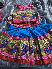 Handmade Girls Lehenga Choli Set Peacock Print Multicolor Cotton Brocade
