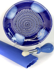 Premium Ceramic Garlic Grater Plate Set with Peeler Brush Stand Blue Glaze