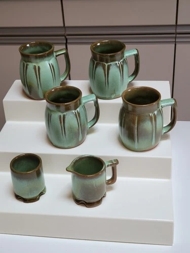 6 Piece Frankoma Pottery set, 4 Mugs(C8), Creamer & Sugar, Prairie Green
