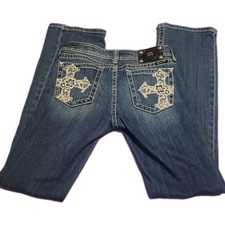 Miss Me Woman's Bling Rhinestone Low Rise Bootcut Denim Blue Jeans Size 28