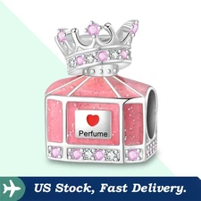 KUNSIR Sterling Silver Charm For Bracelet Pink Crown Perfume Bottle Bead Charm