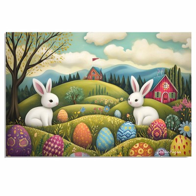 Easter Bunnies with Colorful Eggs Spring Flat Rolled, Framed or Wrapped Canvas