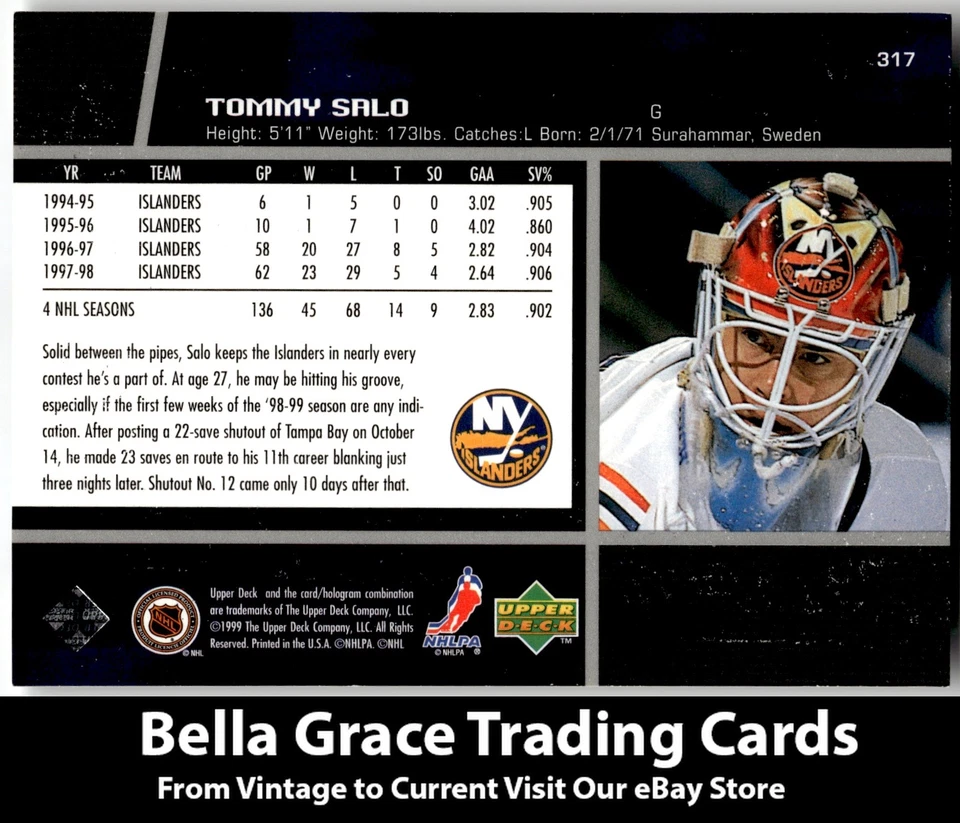 1998-99 Upper Deck Tommy Salo #317 New York Islanders NHL Hockey - Image 2 of 2