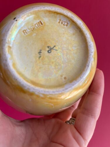 Antique Ruskin Pottery Yellow Lustre Ginger Jar Base with Vine Design 1912 - Picture 5 of 23