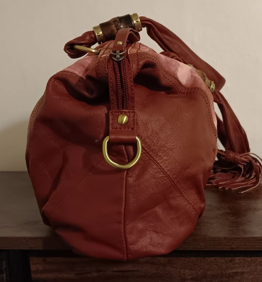 Sharif Burgundy Leather Pink Tie Dye Bamboo Hobo Shoulder Bag  - Image 3 of 4