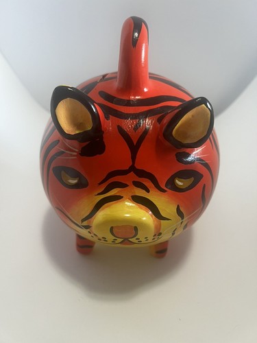 VTG Hand Painted Mexican Folk Art Clay/Ceramic Tiger Piggy Bank w/stopper EUC - Picture 8 of 10