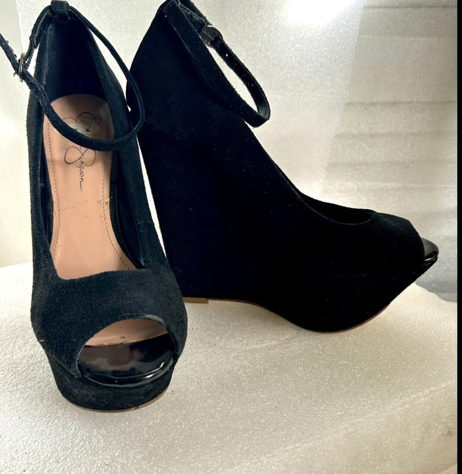 Sexy JESSICA SIMPSON Mary Jane Plataforma Tacones Negro Gamuza Talla 8B Reina Foto 4 de 4