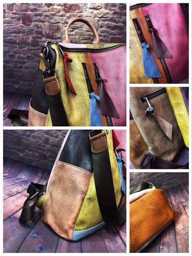 Zaino a 2 vie multicolore vintage toppa spazzolata vera pelle borsa a tracolla - Foto 4 di 10