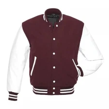 Varsity Letterman Bomber Jacket Maroon Wool & White Leather Sleeves
