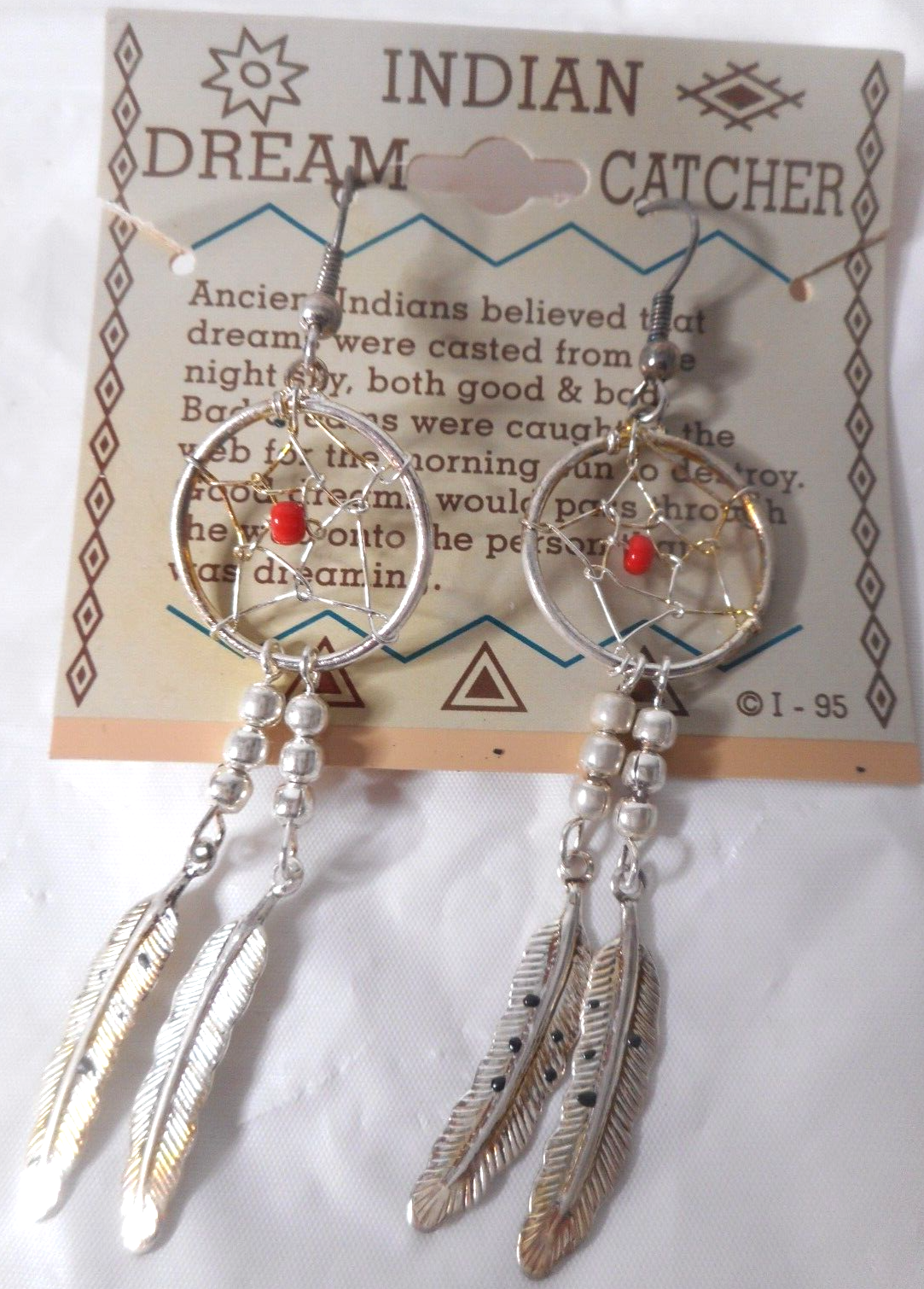 Dream Catcher Earrings Silver Tone Red Bead Feather Pierced Vintage Web (READ)