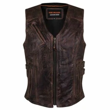 Ladies Premium Leather Motorcycle Vest Vintage Brown Concealed Carry Biker Vest