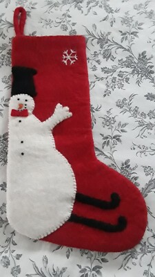 Red Felted Christmas Stocking WORLD MARKET White Snowman Snowflake Design 24''