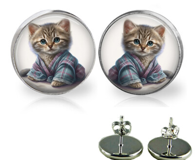 Cute Kitty Cat Glass Top Girls Stud Earrings 3 Sizes Handcrafted Photo Jewelry
