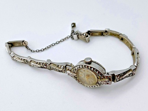 Vintage 925 Sterling Silver Watch Ladies 7 Jewels Marcasite 1960' - Picture 5 of 12