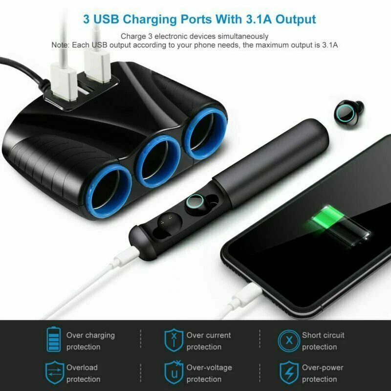 Divisor de enchufe de encendedor de cigarrillos de 3 vías 12 V tres USB cargador adaptador de corriente coche Foto 4 de 4