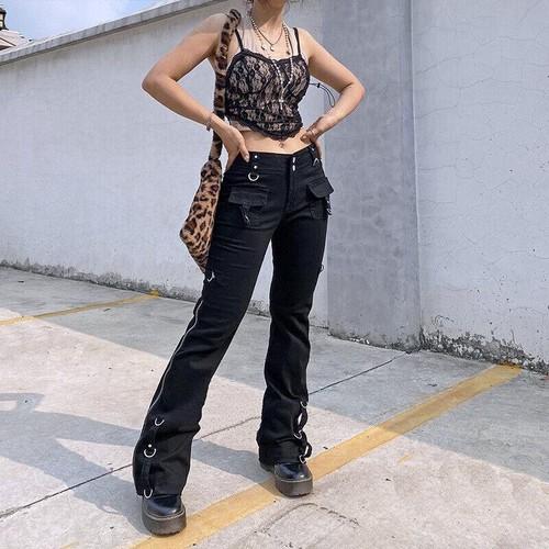 Punk Womens Denim Trousers Slim Fit Wide Leg Zip Cargo Pants Skinny Jeans 2025 - Picture 10 of 22