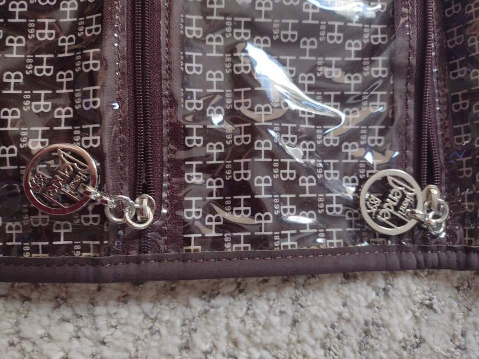 Henri Bendel pendurado organizador de viagem estojo listra vinil bolsa cosmética excelente estado usado - Imagem 3 de 4