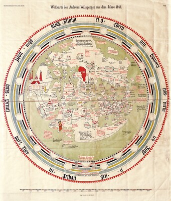 1448 World Map Andreas Walsperger Flat Earth Historic Wall Art Print Home Decor