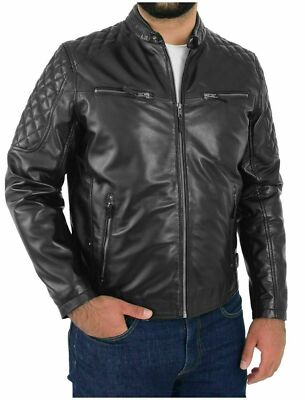 Men's Lambskin Leather Jacket Biker Motorcycle Stylish Quilted Design Black Coat