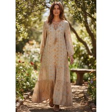 VICI Maxi Dress Boho Print Tiered Long Sleeve Tassel Tie Neck Fairy Blue Medium