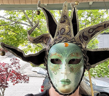 Mardi Gras, Venetian Jester Mask, Red Gold Paisley, Wear or hang, opera stick