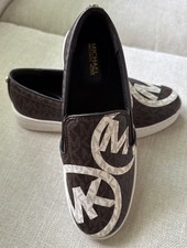 Michael Kors KEATON LOGO Coated Brow/ White Slip On Sneakers Women Sz 6.5 M