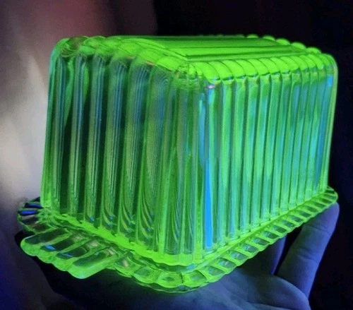 Vintage Uranium Glass Depression Square Ribbed Refrigerator Dish with Lid 1930s