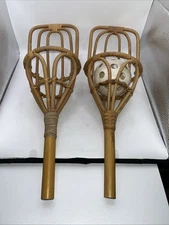 Vtg Bamboo Wicker Rattan Woven Takraw Ball Toss Gme Scoop Racket Set of 2 + Ball
