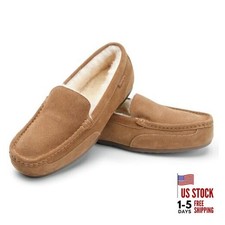 Men's Indoor Outdoor Sheepskin Moccasins Slippers Memory Foam 10 Chestnut