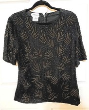 Womens L Vintage Stenay Black Silk Beaded Satin Lined Zip Back Evening Wear Top
