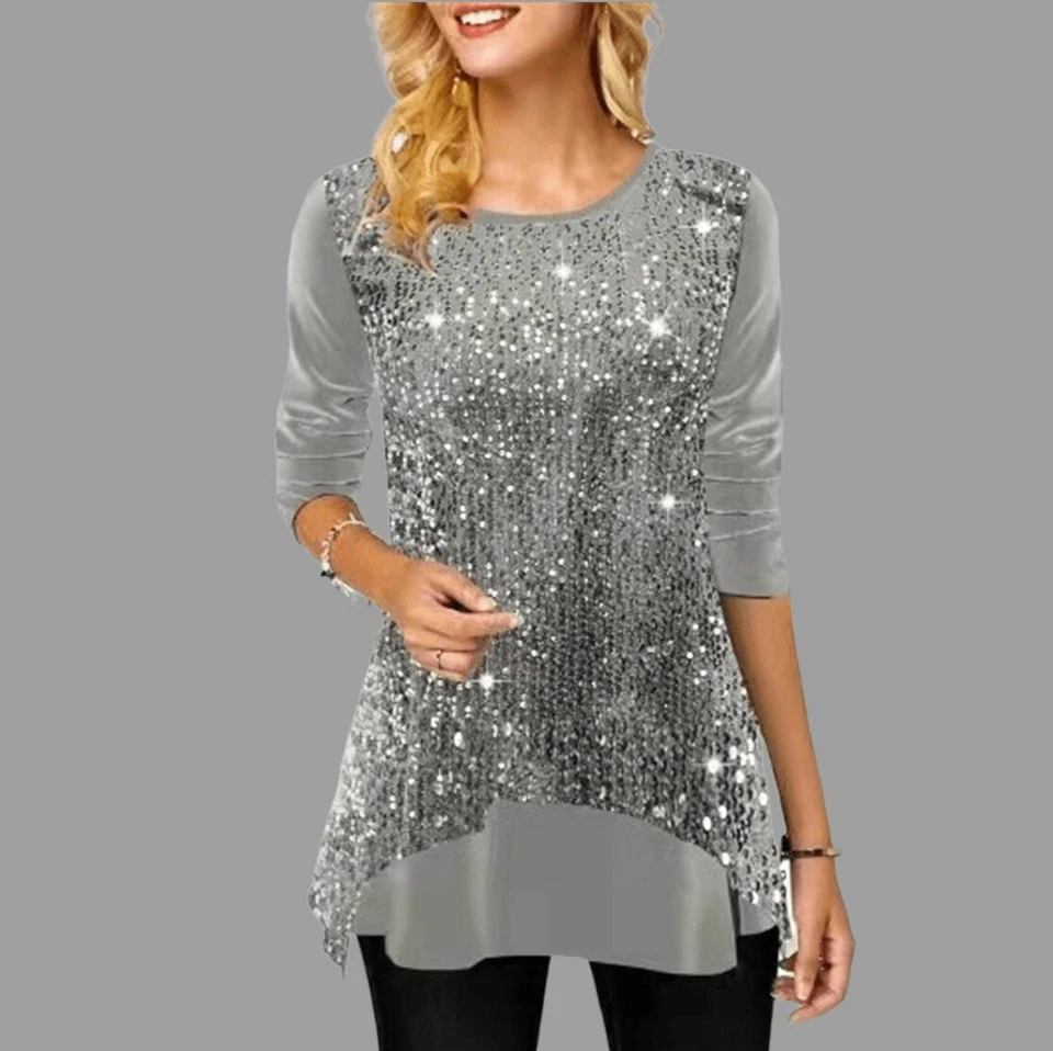New Women's Sparkly Sequins Tunic Long Sleeve Tops Blouse Christmas Shirts - Image 2 of 4