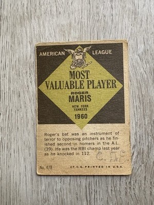 1961 MLB Topps MVP | Roger Maris | #478 | NY Yankees | POOR COND