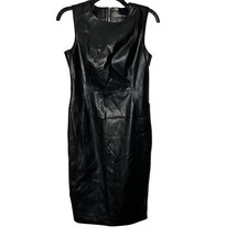 Calvin Klein Womens Black Faux Leather Sleeveless Sheath Dress Size 6 Gold Zip