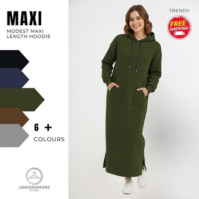 Damen Long Fleece Hoodie Maxikleid Oversize Sweatshirt Kleid Kängurutasche
