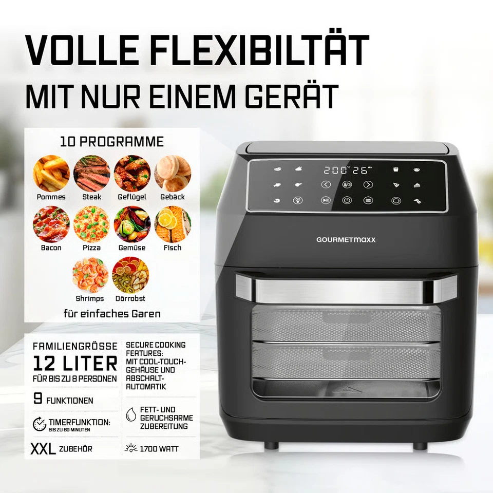 GOURMETmaxx Heißluft Backofen 12L Fritteuse Ofen Grill Dörrautomat Multigrill - Bild 2 von 4