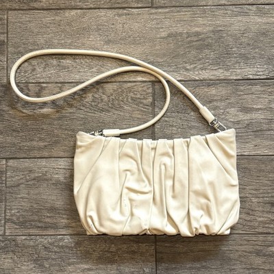 STAUD Bean Ruched Ivory Leather Detachable Crossbody Shoulder Bag Purse Clutch