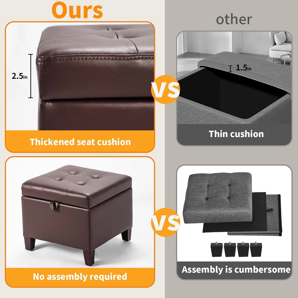 17 Inch Square Storage Ottoman,Small Foot Rest Stool for Couch, Faux Leather - Image 2 of 4