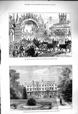 Original Old Antique Print 1877 Queen Wycombe Hughenden Manor Lord Beaconsfield