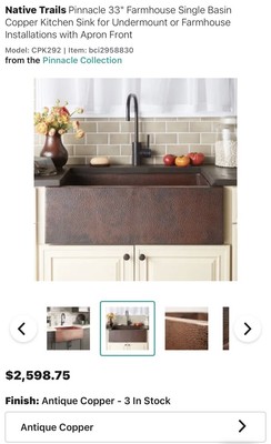 Native Trails Pinnacle 33  Farmhouse Single Basin Copper Kitchen Sink